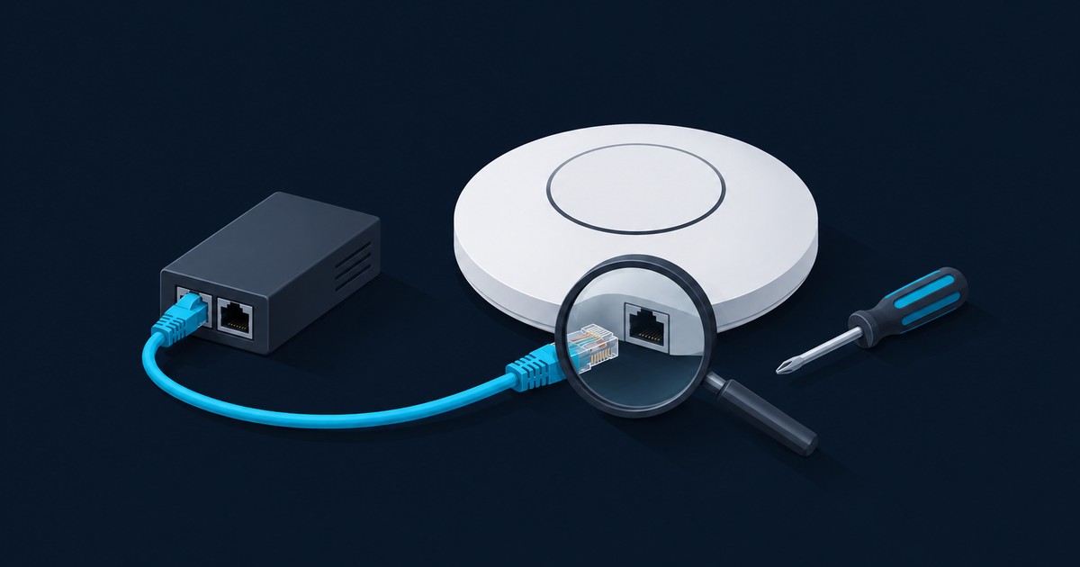 White ceiling access point with a magnifying glass over its Ethernet port, a blue cable running to a black PoE injector, and a screwdriver on a dark backdrop