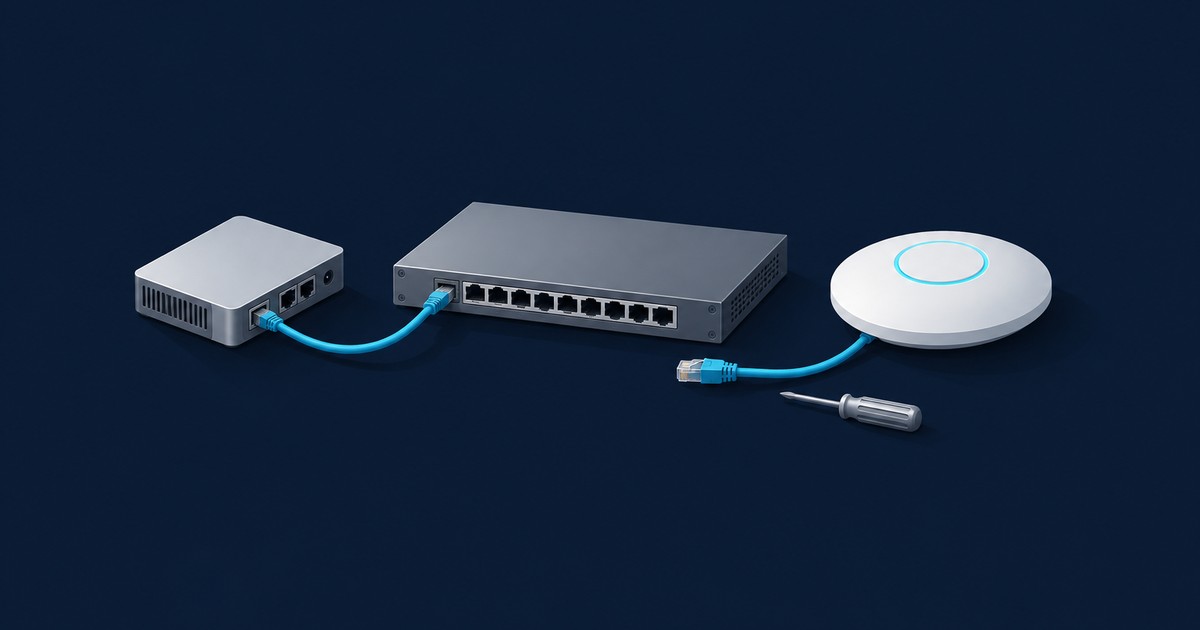 Small gateway cabled to a network switch, with a ceiling access point's blue Ethernet cable left unplugged beside a screwdriver on a dark navy background